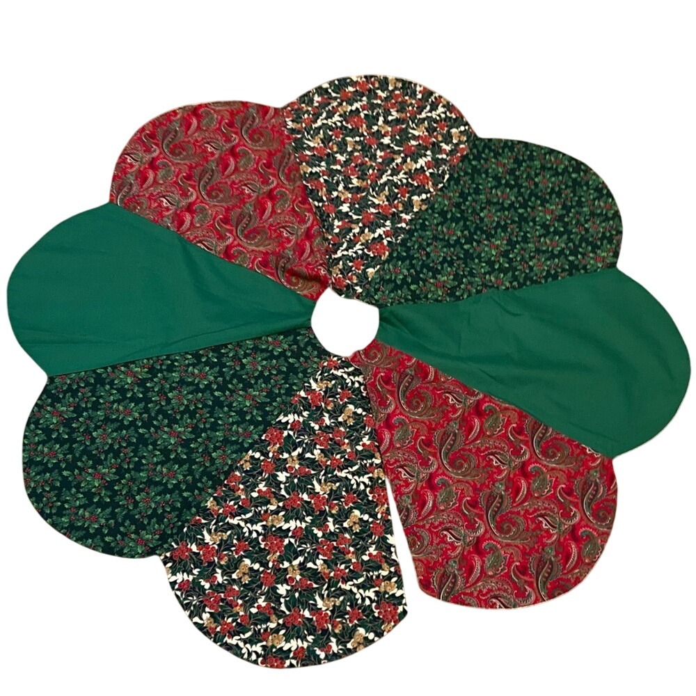 Handmade Hand Sewn Patchwork Christmas Skirt 45" Diameter‎ Two Sided Red Green
